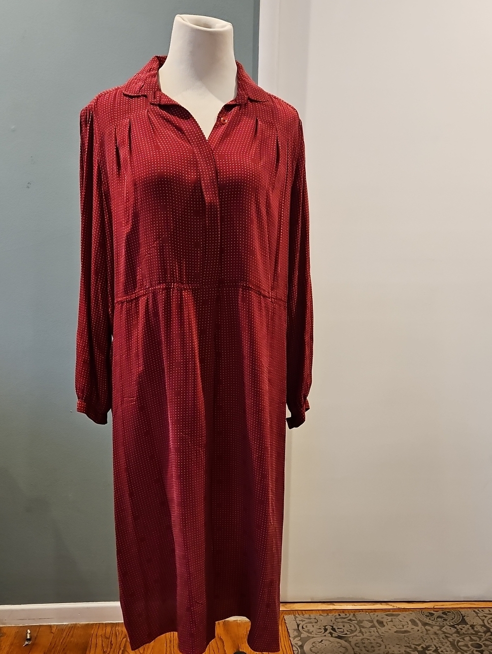 Silk Long Sleeve Burgundy Red Shirt Midi Dress 0295